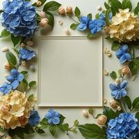 ai generiert Platz Rahmen mit Blau und Gelb Blumen foto