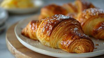 ai generiert Croissants auf ein Teller mit pulverisiert Zucker foto