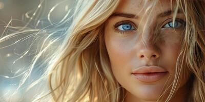 ai generiert Frau mit blond Haar und Blau Augen foto