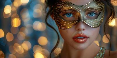 ai generiert Frau tragen Gold Maske mit Blau Augen foto