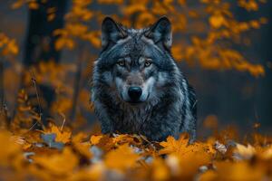 ai generiert Porträt von sibirisch Wolf im Herbst Wald. foto