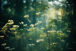 ai generiert ein Ast von ein Busch bedeckt mit hell Grün Blätter und Weiß Blumen ist beleuchtet durch Sonnenlicht im das Mitte von das Wald. foto