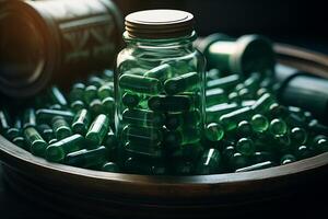 ai generiert ein Glas Krug gefüllt mit Grün Tabletten ist platziert auf ein hölzern Tisch. foto