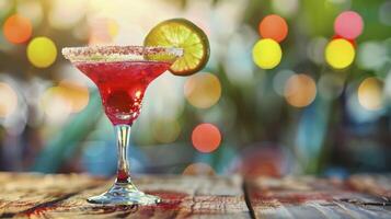 ai generiert ein rot Margarita im ein Martini Glas mit ein gesalzen Rand auf ein hölzern gegen ein Bokeh Hintergrund foto