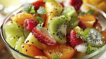 ai generiert frisch und bunt beschwingt Obst Salat foto