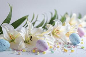 ai generiert Ostern dekorativ Rand von Lilien und bunt Eier foto