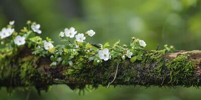 ai generiert still Wald Moos schmücken ein alt Baum Zweig, blühen mit Weiß Blumen, schön und frisch Wildblume Szene Grün, Sinn von Frieden und Gelassenheit im Natur foto