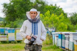 Porträt von männlich Imker mit Nesselsucht beim Hintergrund. schützend Kleider An. Bienenhaus. foto