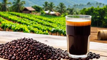 ai generiert Tasse Kaffee Bohnen, heiß Kaffee, Espresso Kaffee Tasse mit Bohnen, Kaffee Bohne Hintergrund foto