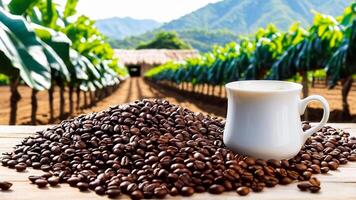 ai generiert Tasse Kaffee Bohnen, heiß Kaffee, Espresso Kaffee Tasse mit Bohnen, Kaffee Bohne Hintergrund foto