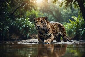 ai generiert Jaguar - - Tier, Jaguar im das Dschungel, schön Schuss von ein afrikanisch Leopard - - Jaguar foto