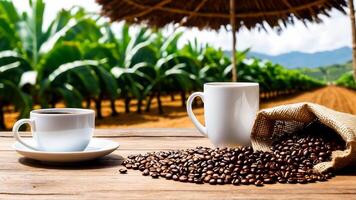 ai generiert Tasse Kaffee Bohnen, heiß Kaffee, Espresso Kaffee Tasse mit Bohnen, Kaffee Bohne Hintergrund foto