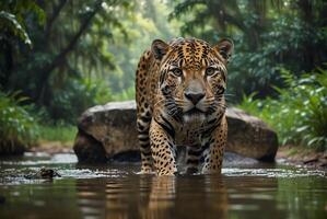 ai generiert Jaguar - - Tier, Jaguar im das Dschungel, schön Schuss von ein afrikanisch Leopard - - Jaguar foto