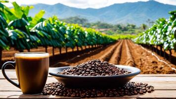 ai generiert Tasse Kaffee Bohnen, heiß Kaffee, Espresso Kaffee Tasse mit Bohnen, Kaffee Bohne Hintergrund foto