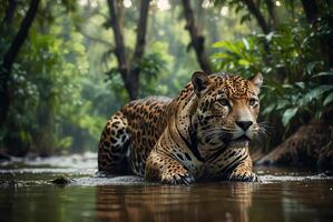 ai generiert Jaguar - - Tier, Jaguar im das Dschungel, schön Schuss von ein afrikanisch Leopard - - Jaguar foto