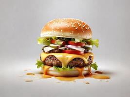 ai generiert Schön, Niedlich, Hamburger, Flüssigkeit geschmolzen, Käse, Über Fluss, aus von das Burger, Ultra realistisch, Weiß Hintergrund foto