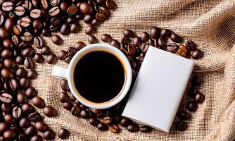 ai generiert Kaffee Tasse Attrappe, Lehrmodell, Simulation Design, Kaffee Tasse Attrappe, Lehrmodell, Simulation auf Kaffee Bohnen, heiß Kaffee Hintergrund, leer Kaffee Tasse Modelle, Papier Kaffee Taschen foto