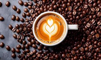 ai generiert Tasse Kaffee Bohnen, heiß Kaffee, Espresso Kaffee Tasse mit Bohnen, Kaffee Bohne Hintergrund foto