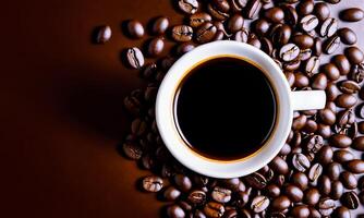 ai generiert Tasse Kaffee Bohnen, heiß Kaffee, Espresso Kaffee Tasse mit Bohnen, Kaffee Bohne Hintergrund foto