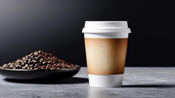 ai generiert Kaffee Tasse Attrappe, Lehrmodell, Simulation Design, Kaffee Tasse Attrappe, Lehrmodell, Simulation auf Kaffee Bohnen, heiß Kaffee Hintergrund, leer Kaffee Tasse Modelle, Papier Kaffee Taschen foto