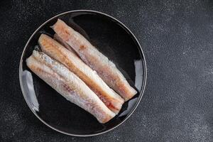 Fisch Seehecht roh Filet frisch Meeresfrüchte lecker Essen Essen Kochen Vorspeise Mahlzeit Essen Snack auf das Tabelle Kopieren Raum Essen Hintergrund foto