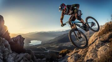 ai generiert Berg Radfahren und Abenteuer Hintergrund foto