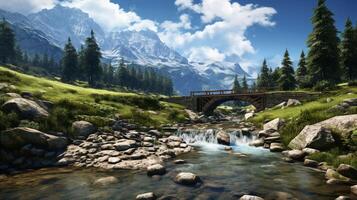 ai generiert Berg Brücken und Wasser Kreuzungen Hintergrund foto
