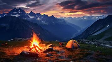 ai generiert Berg Camping und Lagerfeuer Hintergrund foto