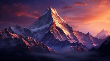 ai generiert Berg Gipfel Sonnenuntergang Hintergrund foto