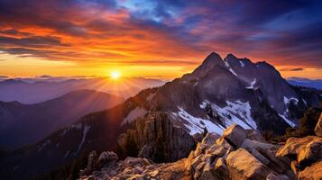 ai generiert Berg Gipfel Sonnenuntergang Ruhm Hintergrund foto