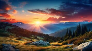 ai generiert Berg Sonnenaufgang und Sonnenuntergang Muster Hintergrund foto