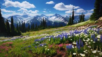 ai generiert Berg Wildblumen und Blumen- Hintergrund foto