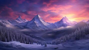 ai generiert Berg Winter Magie Hintergrund foto