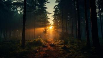 ai generiert mysteriös Wald Sonnenaufgang Hintergrund foto
