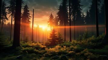 ai generiert mysteriös Wald Sonnenaufgang Hintergrund foto