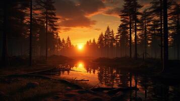 ai generiert mysteriös Wald Sonnenuntergang Hintergrund foto