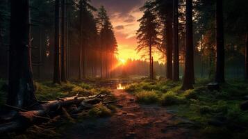 ai generiert mysteriös Wald Sonnenuntergang Hintergrund foto