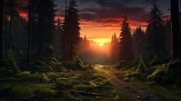 ai generiert mysteriös Sonnenuntergang im das Wald Hintergrund foto