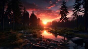 ai generiert mysteriös Sonnenuntergang im das Wald Hintergrund foto