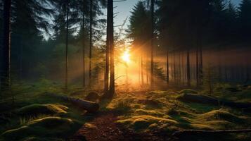 ai generiert mysteriös Sonnenaufgang im das Wald Hintergrund foto