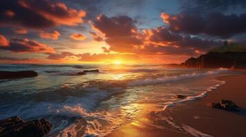 ai generiert Ozean Ufer Sonnenaufgang Hintergrund foto