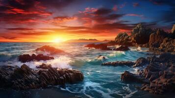 ai generiert Ozean Ufer Sonnenuntergang Hintergrund foto