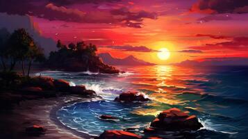 ai generiert Öl Gemälde Sonnenuntergang Hintergrund foto