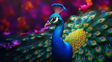 ai generiert ein Pfau ist Stehen im Vorderseite von Blumen foto