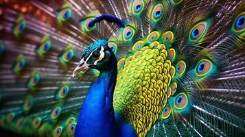 ai generiert ein Pfau mit bunt Gefieder und Blumen foto