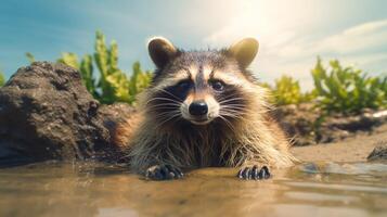 ai generiert ein Waschbär ist Sitzung auf ein Baum Ast foto