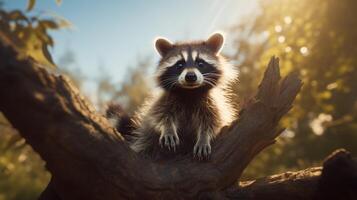 ai generiert ein Waschbär ist Sitzung auf ein Baum Ast foto