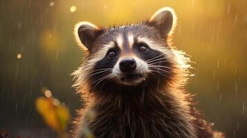 ai generiert ein Waschbär Sitzung auf ein Felsen im das Wald foto