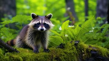 ai generiert ein Waschbär Sitzung auf ein Felsen im das Wald foto