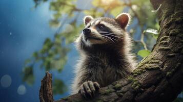 ai generiert ein Waschbär Sitzung auf ein Felsen im das Wald foto